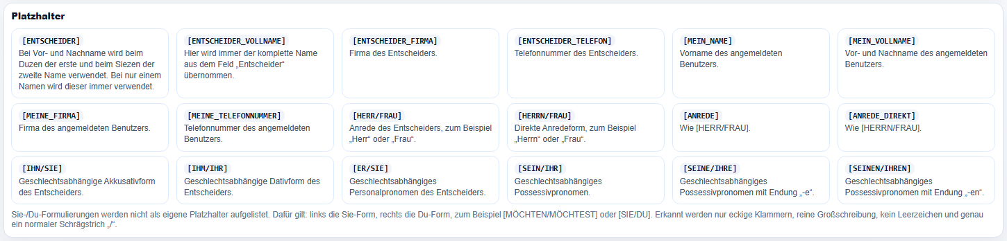 Übersicht der verfügbaren Platzhalter für Entscheider, Firma, Anrede, Pronomen und Benutzerdaten.