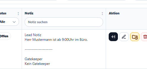 Hervorgehobene Aktionsbuttons in der Kontaktliste zum Übernehmen, Bearbeiten, Archivieren und Löschen.