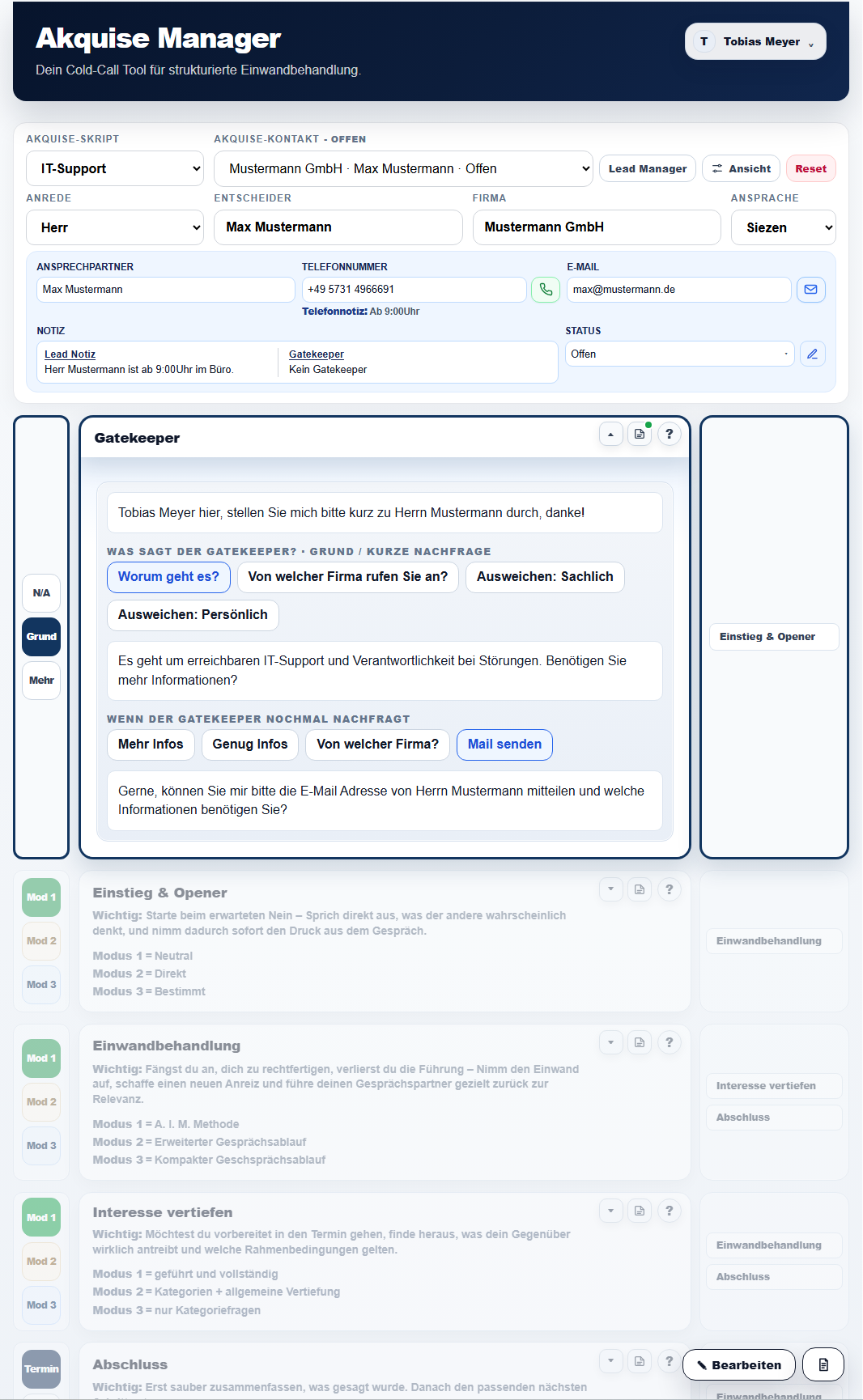 Toowie - Akquise Manager mit geöffnetem Gatekeeper-Bereich und geführtem Gesprächsablauf.